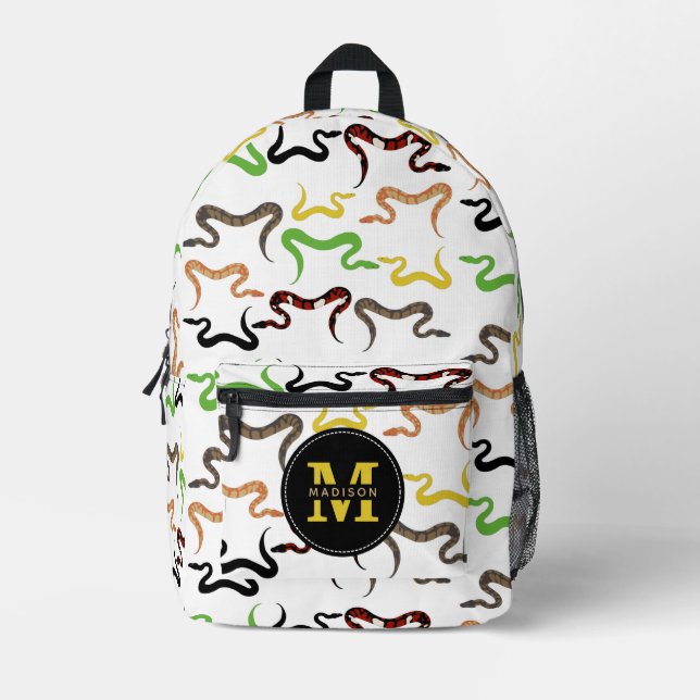 Colourful Snakes Python Reptile Pattern Monogram Printed Backpack (Front)