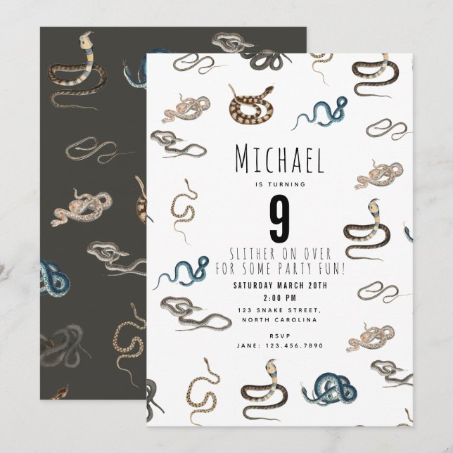 Colourful Snakes Reptile Animal Birthday Party Inv Invitation (Front/Back)