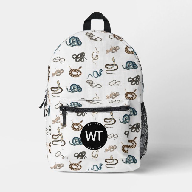 Colourful Snakes Reptile Animal Pattern Monogram Printed Backpack (Front)