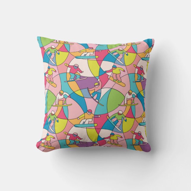 Colourful snowboarders: vintage seamless pattern. throw pillow (Front)
