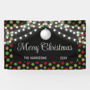 Colourful Snowflake String Lights Black Christmas  Banner