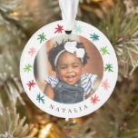 Colourful Snowflakes Kids 2 Photo Name Christmas Ornament<br><div class="desc">This fun, colourful photo ornament features a hand drawn snowflakes frame in teal, red, lime green, pink, and mint aqua. Easy to personalize, both on the front and the back! You can choose to use the same photo on both the front and back, or you can use two different photos....</div>