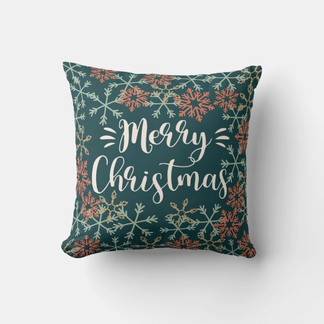Colourful Snowflakes Merry Christmas Typography Throw Pillow (Front)