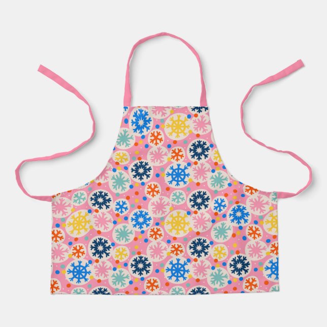 Colourful Snowflakes on Pink Holiday Pattern Apron (Front)