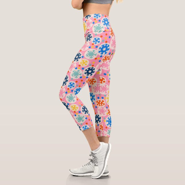 Colourful Snowflakes on Pink Holiday Pattern Capri Leggings (Left)