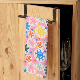Colourful Snowflakes on Pink Holiday Pattern Kitchen Towel