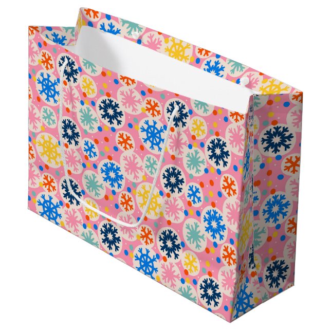 Colourful Snowflakes on Pink Holiday Pattern Large Gift Bag (Front Angled)