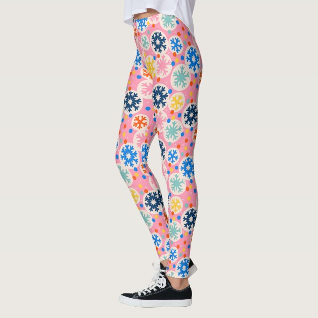 Colourful Snowflakes on Pink Holiday Pattern Leggings (Left)