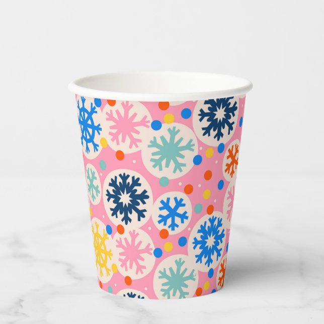 Colourful Snowflakes on Pink Holiday Pattern Paper Cups (Front)