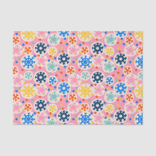 Colourful Snowflakes on Pink Holiday Pattern Tissue Paper (Front)