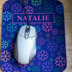 Colourful Snowflakes Pattern on Blue Pink Name Mouse Pad
