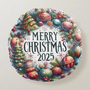 Colourful Snowman & Ornaments Christmas Pillow