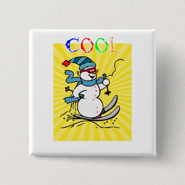 Colourful Snowman Skiing | funny cute snowman | sk 2 Inch Square Button (Front)