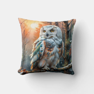 Colourful Snowy owl in Autumnal Forest Throw Pillow