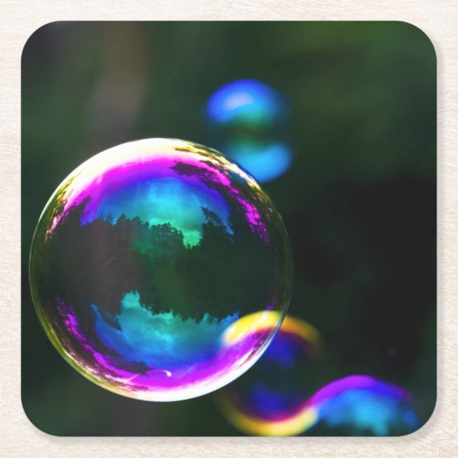 Colourful Soap Bubbles Floating Square Paper Coaster (Front)
