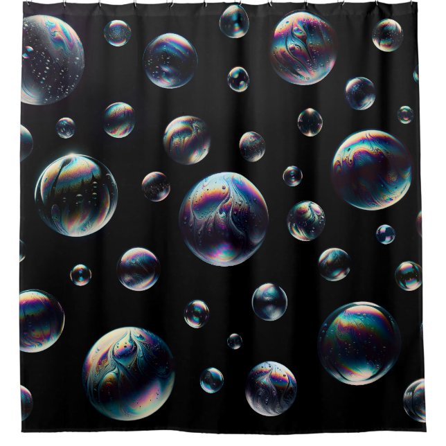 Colourful Soap Bubbles on Black Shower Curtain (Front)