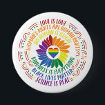Colourful Social Justice Flower Word Art Large 3 Inch Round Button<br><div class="desc">Colourful word art design gives a shout out to a variety of social justice movements including Black Lives Matter,  Science is Real,  Love is Love,  Women's Rights are Human Rights,  and more. Centre of graphic is rainbow flower and heart.</div>