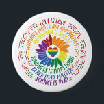 Colourful Social Justice Flower Word Art Large 3 Inch Round Button<br><div class="desc">Colourful word art design gives a shout out to a variety of social justice movements including Black Lives Matter,  Science is Real,  Love is Love,  Women's Rights are Human Rights,  and more. Centre of graphic is rainbow flower and heart.</div>