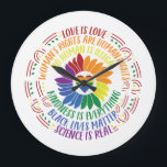Colourful Social Justice Flower Word Art  Large Clock<br><div class="desc">Colourful word art design gives a shout out to a variety of social justice movements including Black Lives Matter,  Science is Real,  Love is Love,  Women's Rights are Human Rights,  and more. Centre of graphic is rainbow flower and heart.</div>