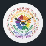 Colourful Social Justice Flower Word Art  Large Clock<br><div class="desc">Colourful word art design gives a shout out to a variety of social justice movements including Black Lives Matter,  Science is Real,  Love is Love,  Women's Rights are Human Rights,  and more. Centre of graphic is rainbow flower and heart.</div>