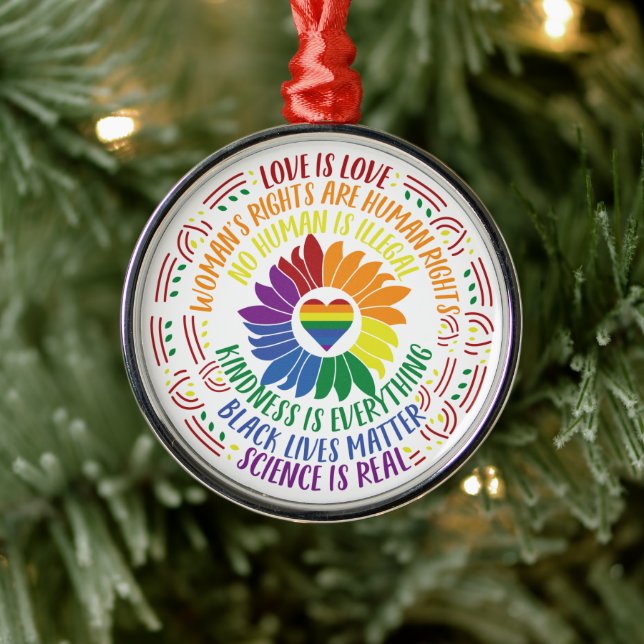Colourful Social Justice Flower Word Art  Metal Ornament (Tree)