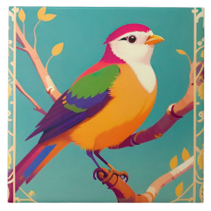 Colourful Songbird Perched on Blossoming Branch Tile