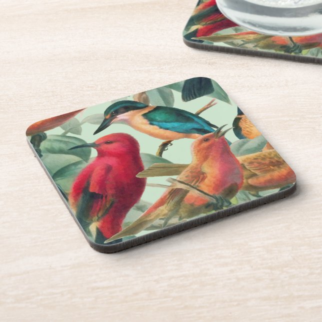 Colourful Songbirds & Green Leaves Pattern Coaster (Left Side)