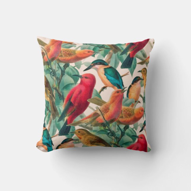 Colourful Songbirds & Green Leaves Pattern  Throw Pillow (Front)