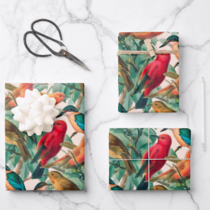 Colourful Songbirds & Green Leaves Pattern Wrapping Paper Sheet
