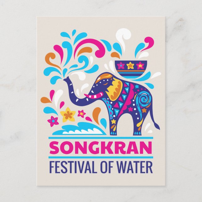 Colourful Songkran Festival Elephant Water Postcard (Front)
