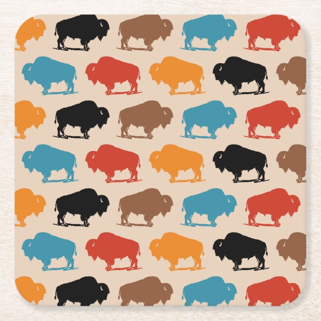 Colourful Southwestern Buffalo Pattern Square Paper Coaster (Front)