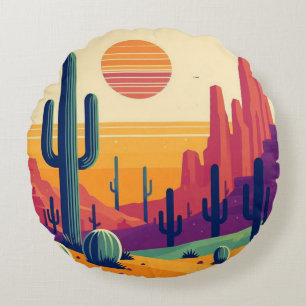 Colourful southwestern desert art round pillow