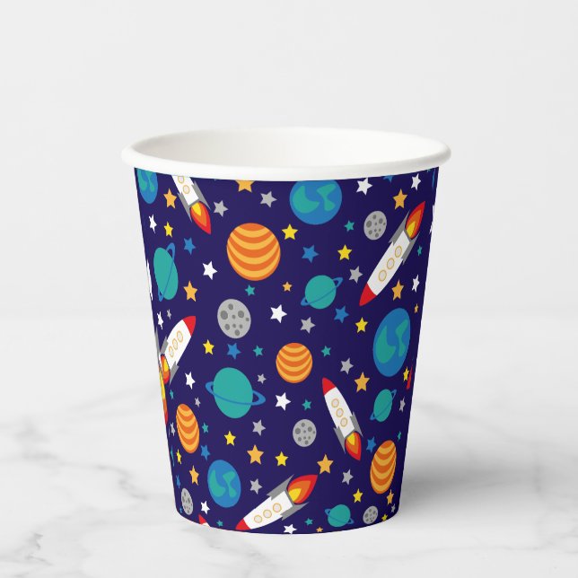 Colourful Space Adventure Kids Pattern – Rockets,  Paper Cups (Front)