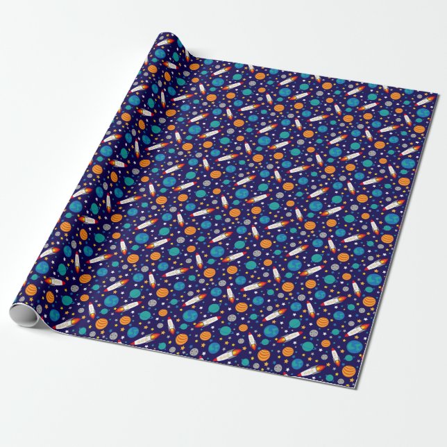 Colourful Space Adventure Kids Pattern – Rockets,  Wrapping Paper (Unrolled)
