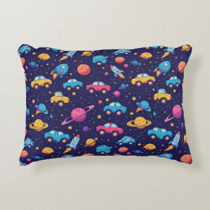Colourful Space Adventure With Cars, Rockets Accent Pillow