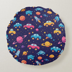 Colourful Space Adventure With Cars, Rockets Round Pillow
