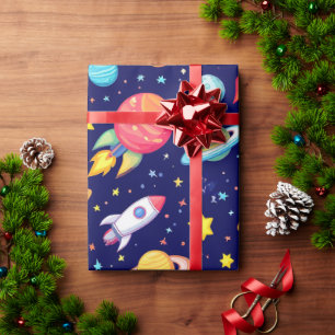 🚀 Colourful Space Cartoon Glow 🌈 Fun Galaxy Kids Wrapping Paper