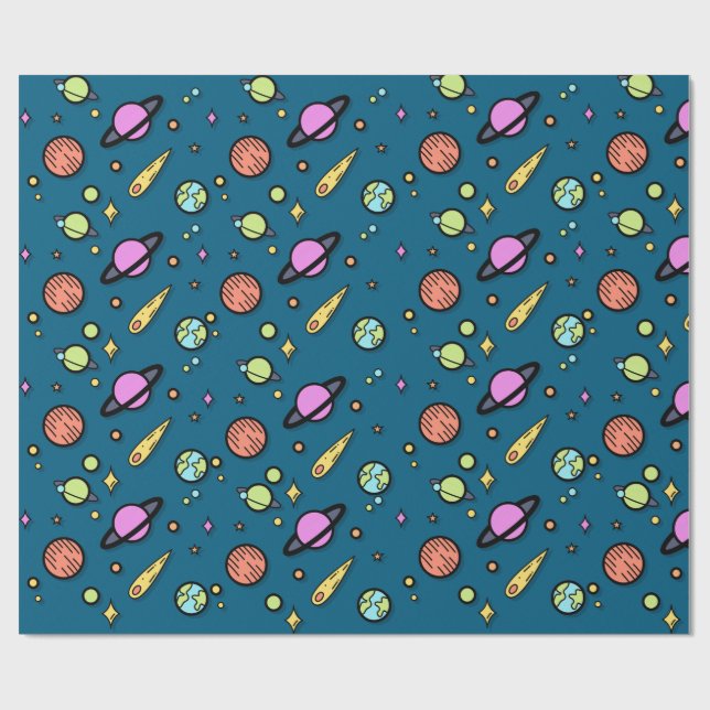 Colourful Space Doodle Wrapping Paper | Planets (Flat)