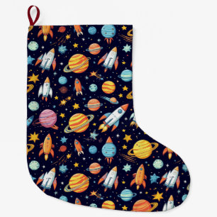 Colourful Space Exploration Pattern Large Christmas Stocking