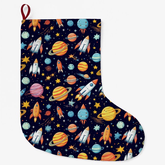 Colourful Space Exploration Pattern Large Christmas Stocking (Front)
