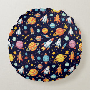 Colourful Space Exploration Pattern Round Pillow