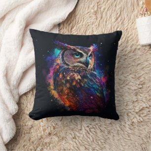 Colourful Space Owl            Throw Pillow