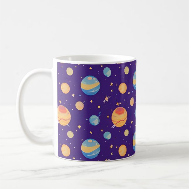 Colourful Space Pattern with Planets, Stars Coffee Mug (Left)