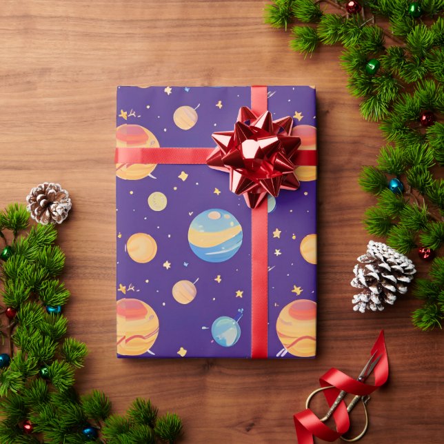 Colourful Space Pattern with Planets, Stars Wrapping Paper (Holiday Gift)