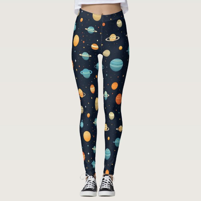 Colourful Space Planet Pattern Leggings (Front)