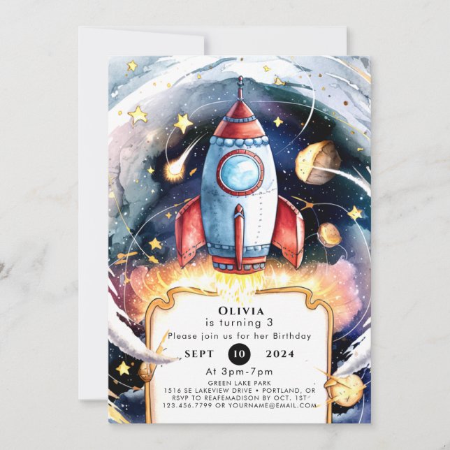 Colourful Space Rocket Birthday Invitation (Front)