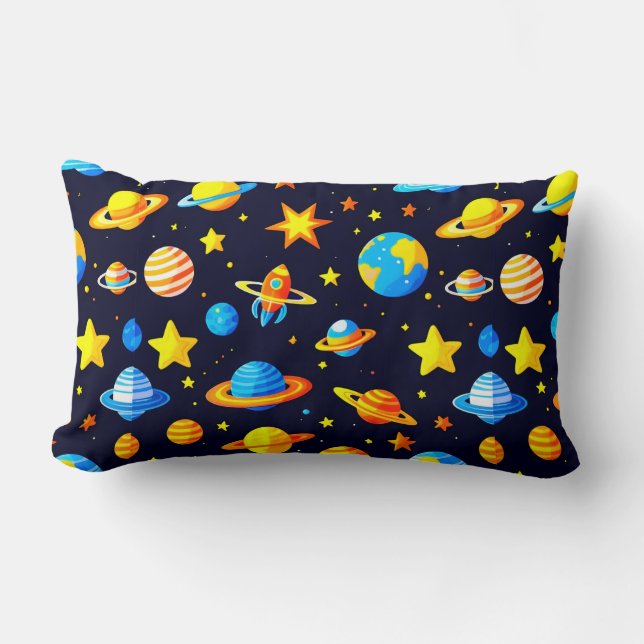 Colourful Space Theme Illustration With Planets Lumbar Pillow (Front)
