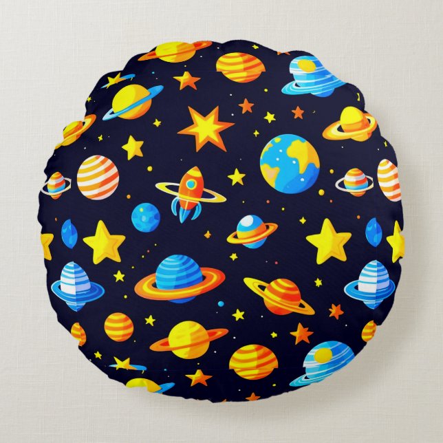 Colourful Space Theme With Planets Round Pillow (Front)