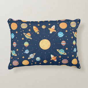 Colourful Space-themed Pattern with Planets Accent Pillow