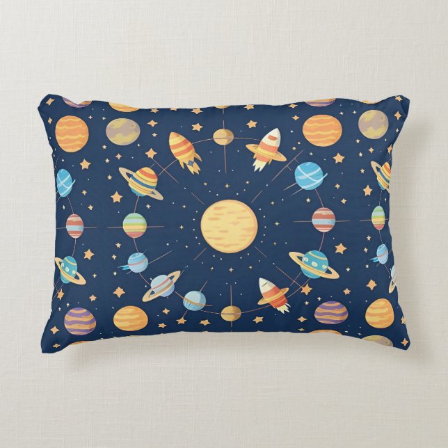 Colourful Space-themed Pattern with Planets Accent Pillow (Front)